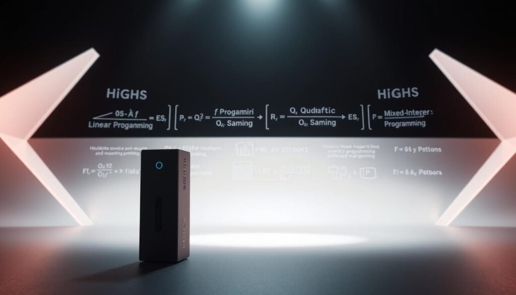 High-Performance Software for Optimal Results 1 A high-performance, open-source optimization solver, HiGHS, stands in the foreground, its sleek and efficient design emphasized by dramatic lighting and a dynamic, minimalist backdrop. In the middle ground, a series of mathematical equations and visualizations illustrate the solver's capabilities in handling linear programming, quadratic programming, and mixed-integer programming problems. The background features a clean, geometric pattern that evokes the precision and rigor of the optimization process, while a subtle glow emanates from the scene, conveying a sense of cutting-edge technology and innovation.