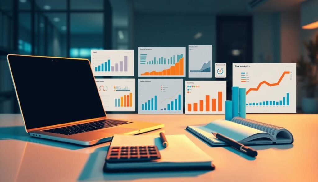 A highly detailed, technical illustration of essential data analytics tools arranged on a sleek, minimalist workspace. The foreground features a laptop, calculator, and notebook with pencil, all cast in a warm, focused light. The middle ground showcases a variety of data visualization tools like charts, graphs, and dashboards, rendered in a clean, modern style. The background fades into a softly blurred, dimly lit environment, creating a sense of depth and professionalism. The overall mood is one of efficiency, productivity, and the power of data-driven insights.