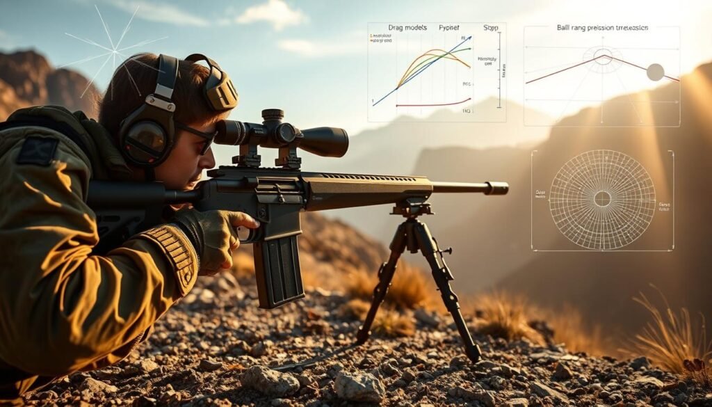 Modern Advancements: Shaping the Future 1 A long-range precision rifle lies on a sturdy bipod, its sleek barrel gleaming in the warm afternoon sunlight. Intricate schematics of ballistic trajectories and drag models hover in the background, illuminating the complex physics governing long-distance shots. The shooter, clad in tactical gear, takes careful aim through the rifle's high-magnification scope, their breath steady and their focus unwavering. The surrounding landscape, a rugged mountainous terrain, provides the perfect backdrop for this scene of modern, data-driven marksmanship. Rays of light filter through wispy clouds, casting a sense of contemplative tranquility over the entire tableau.