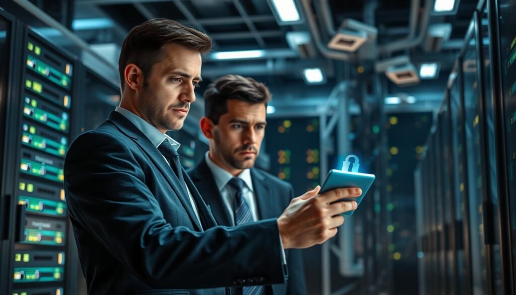 Cutting-Edge Tech News: Your Source for Industry Insights 1 A modern data center, its sleek servers and storage arrays illuminated by soft ambient lighting. In the foreground, a security expert in a crisp suit examines a holographic display, brow furrowed in concentration. The background features a towering security wall, its sensors and cameras scanning the environment with precision. The overall atmosphere is one of technological prowess and uncompromising protection, reflecting the cutting-edge tech news that powers our digital world.