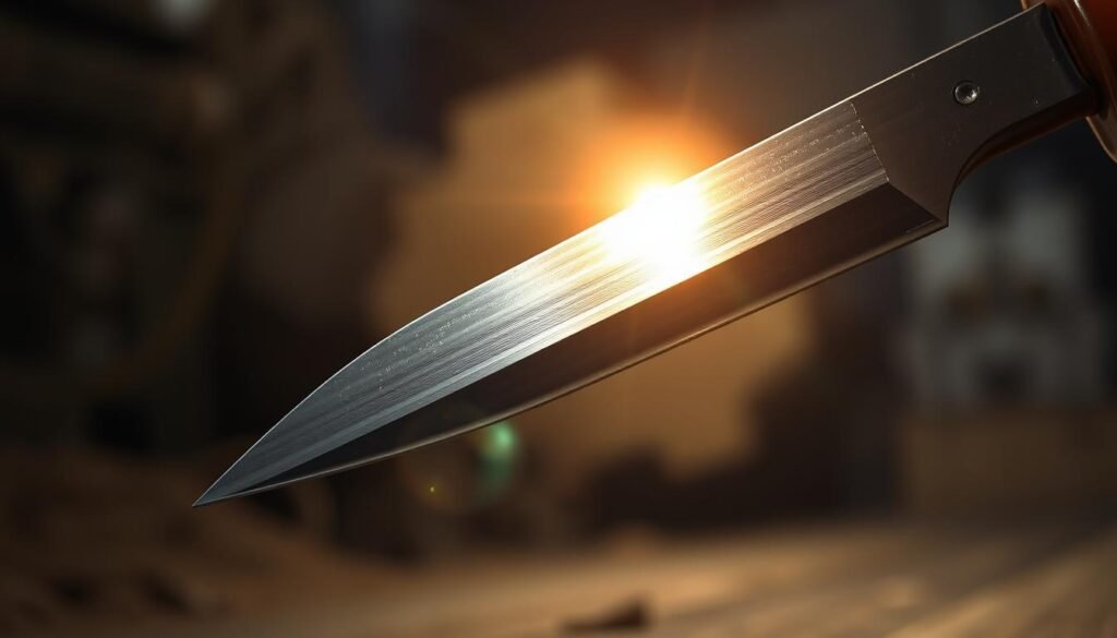 Cutting-Edge Tools to Transform Your Workflow 1 A razor-sharp steel blade, its gleaming edge honed to perfection, cutting through the air with a fierce determination. The blade is backlit, casting dramatic shadows that accentuate its angular geometry and the intricate grooves along its surface. The background is a hazy, industrial setting, suggesting the blade's role in a larger, cutting-edge manufacturing process. The overall mood is one of precision, power, and technological innovation - a visual representation of the "steel, edge retention, and process innovation" that define the cutting-edge tools transforming modern workflows.