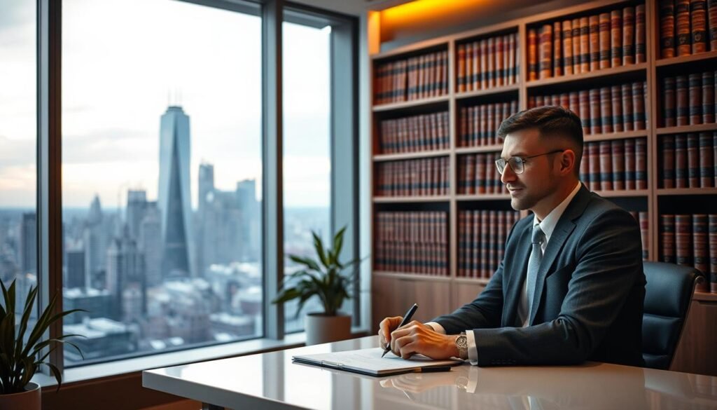 A serene, modern office space with a large window overlooking a bustling city skyline. In the foreground, a well-dressed professional sits at a sleek, minimalist desk, deep in thought, pen in hand. The middle ground features a bookshelf filled with leather-bound volumes, suggesting depth of knowledge and expertise. The background is softly lit, with a warm, inviting glow, creating a sense of focus and concentration. The overall composition conveys a tailored, personalized approach to problem-solving, where the individual's unique needs and perspectives are thoughtfully considered.