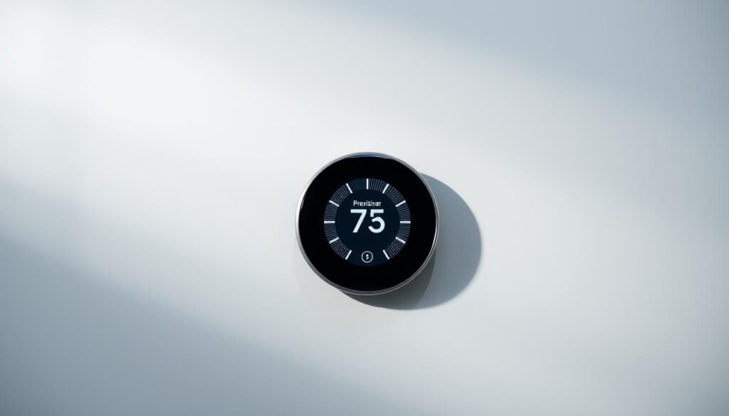 A sleek, contemporary smart thermostat against a minimalist, well-lit backdrop. The device's intuitive touch interface is highlighted, showcasing its crisp display and precision temperature controls. Delicate shadows and soft ambient lighting create a sense of depth and sophistication. The thermostat is positioned prominently, subtly suggesting its central role in modern, energy-efficient home climate management. Muted, neutral tones provide a clean, uncluttered aesthetic, allowing the smart device to take center stage as a stylish, cutting-edge home accessory.