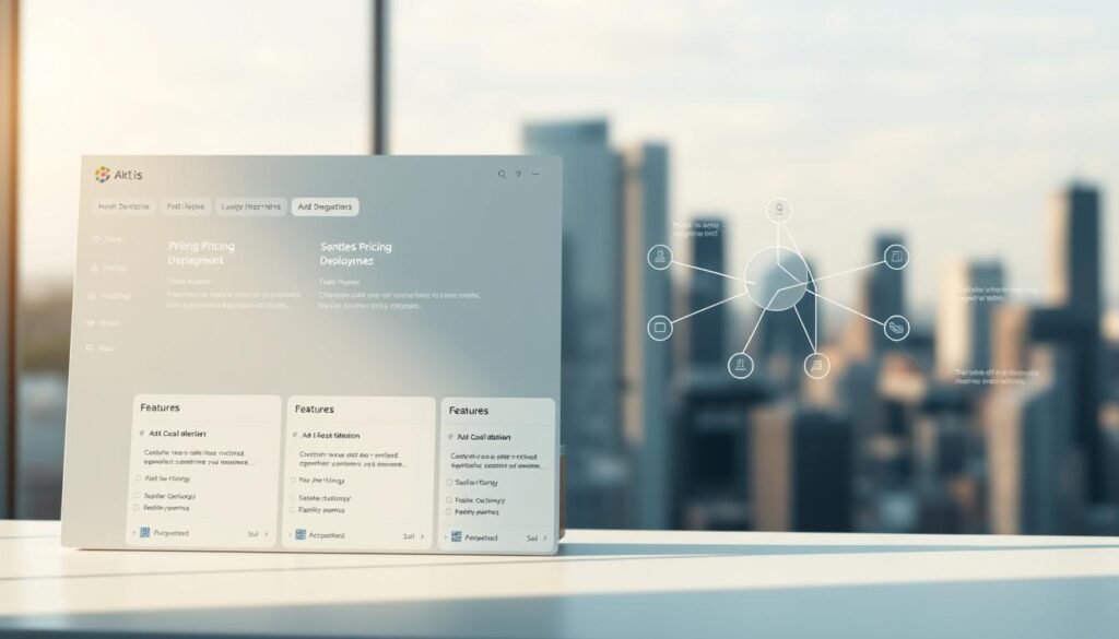 A sleek, modern dashboard for a pricing deployment platform. In the foreground, a clean interface with clearly organized pricing tiers and feature descriptions, bathed in soft, directional lighting. In the middle ground, a network diagram illustrates the seamless integration and deployment options, using simple geometric shapes and clean lines. The background features a blurred cityscape, conveying a sense of technological progress and enterprise-level capabilities. The overall mood is professional, polished, and inspiring confidence in the platform's reliability and scalability.