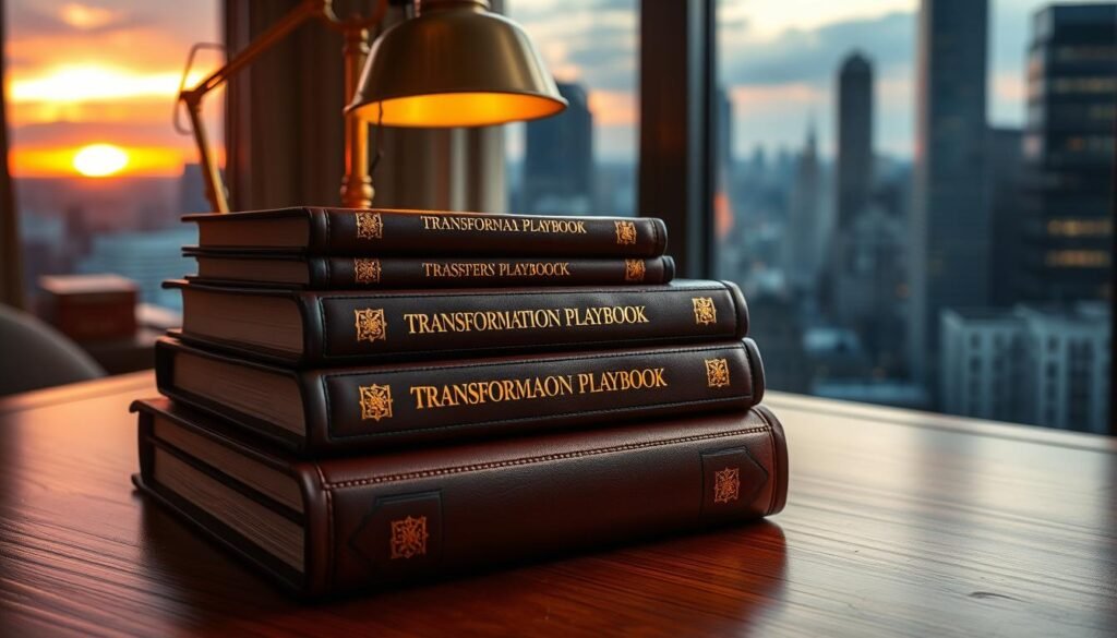 Digital Transformation: Revolutionize Your Business 1 A stack of leather-bound books with gold-embossed titles, "Transformation Playbook" in the center, sitting on a polished mahogany desk. The books are illuminated by a warm, soft light from a brass desk lamp, casting a cozy glow over the scene. In the background, a large window overlooks a bustling city skyline, the sun setting in vibrant hues. The composition is balanced, with a sense of sophistication and authority, reflecting the importance of the "Transformation Playbook" in revolutionizing a business's digital future.
