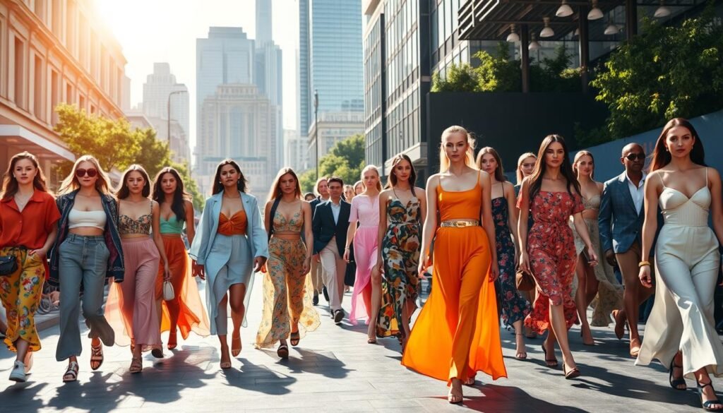 Top Trends to Watch in 2025 1 A vibrant and fashionable scene of spring/summer streetwear and runway trends. In the foreground, a diverse group of models strutting down a sun-dappled city street, wearing the latest designer looks - bold colors, flowing fabrics, and statement accessories. In the middle ground, a high-end runway show, the models walking with confident poise under dramatic lighting. In the background, a modern cityscape with sleek skyscrapers and lush greenery, hinting at the global influence of these emerging styles. The mood is lively, youthful, and full of energy, capturing the zeitgeist of current fashion movements.