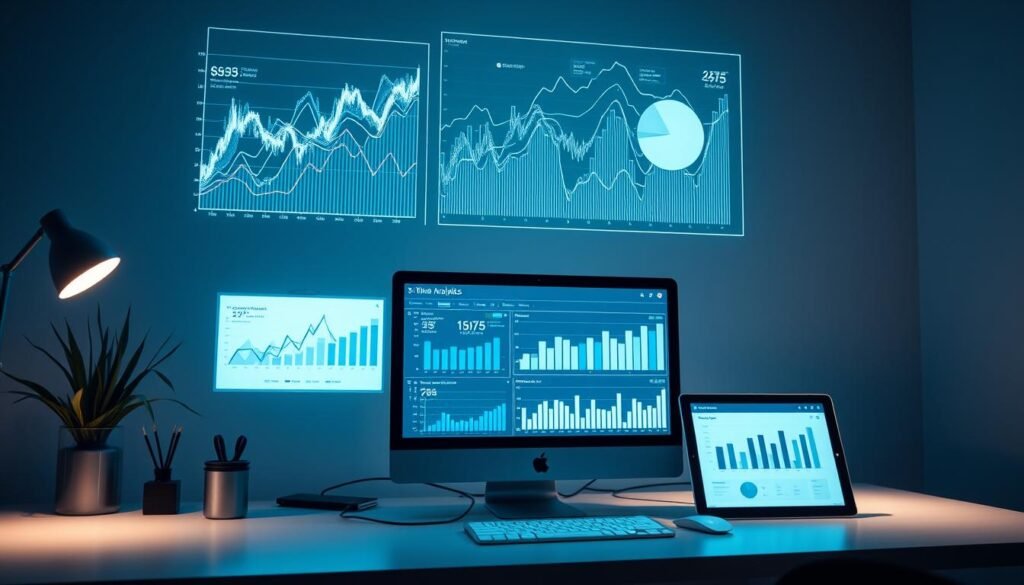 Top Online Marketing Strategies to Boost Your Business 1 Detailed data visualizations float above a sleek, minimalist workspace. Intricate line graphs, pie charts, and bar charts shimmer with crisp, high-resolution clarity. A desktop computer and tablet display real-time analytics dashboards, their screens emitting a soft, ambient glow. The scene is bathed in cool, indirect lighting, with shadows adding depth and dimension. Amidst the analytical tools, a sense of focus and productivity pervades, hinting at the insights and optimizations that emerge from this data-driven environment.