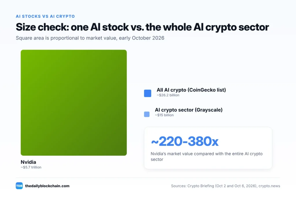 Size comparison of AI stocks vs AI crypto showing Nvidia's market cap against the whole AI crypto sector